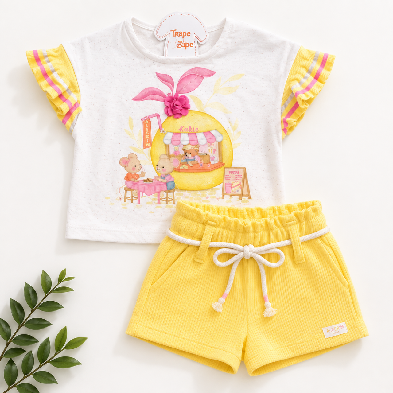  Conj. Blusa Ratinhas e Short - Areia e Amarelo